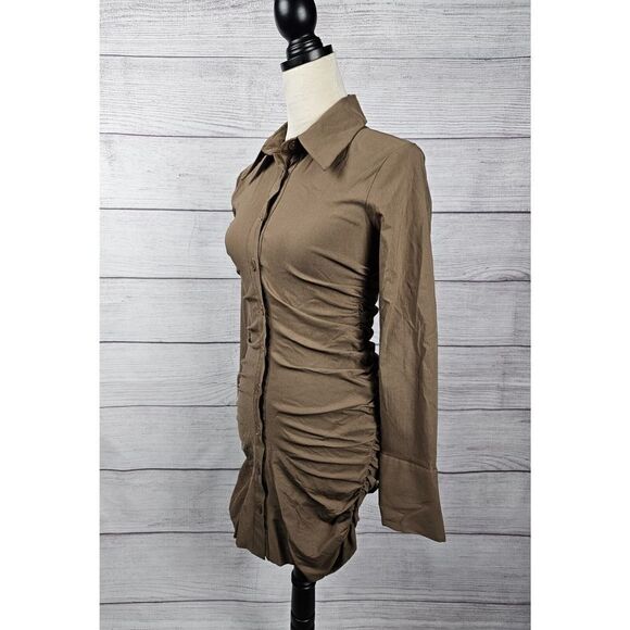Zara Button Up Bodycon Shirt Dress with Ruching Tan Size Medium - Picture 10 of 11